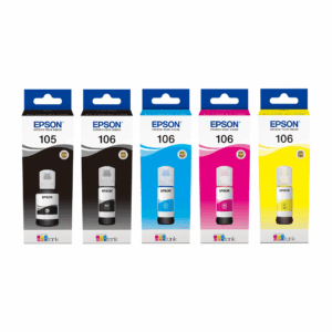 Epson 105 and 106 Ecotank Ink Bottles – Black, Photo Black, Cyan, Magenta, Yellow